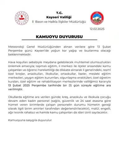 Kayseri'de Kar Yağışı Okulları Kapattı